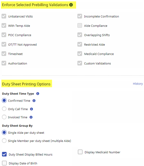 The Enforce Selected Prebilling Validations and Duty Sheet Printing Options display fields for related configurations.